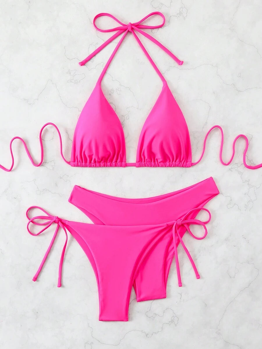 SHEIN Swim Kadın Yaz Plaj Düz Renk Halter Bağcıklı Seksi Bikini Mayo Takımı