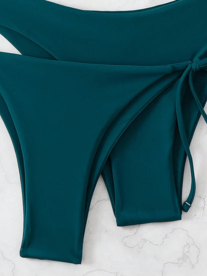 SHEIN Swim Kadın Yaz Plaj Düz Renk Halter Bağcıklı Seksi Bikini Mayo Takımı