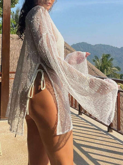 Transparan Zarif Uzun Kollu Beachwear Plaj Elbisesi