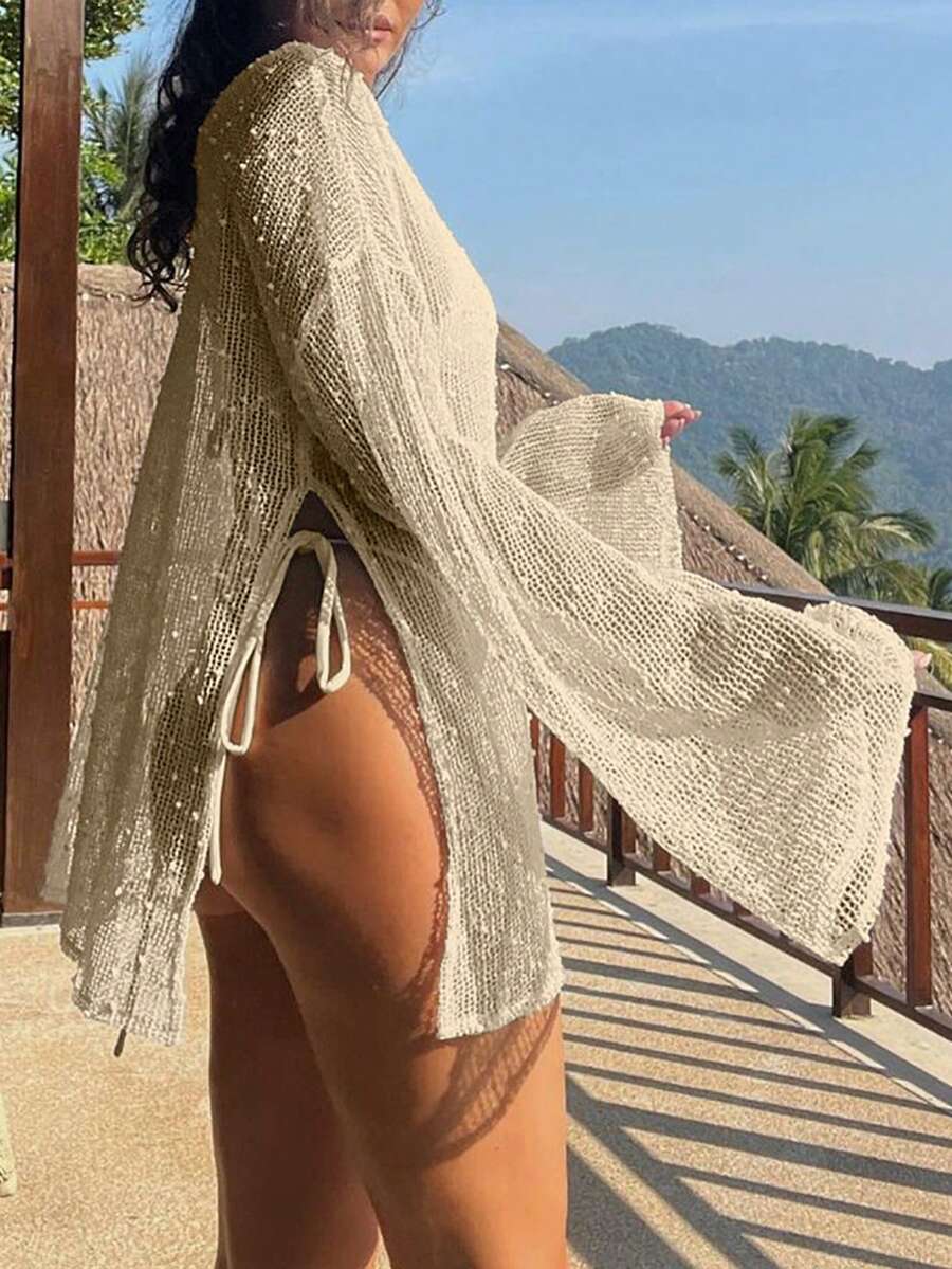 Transparan Zarif Uzun Kollu Beachwear Plaj Elbisesi