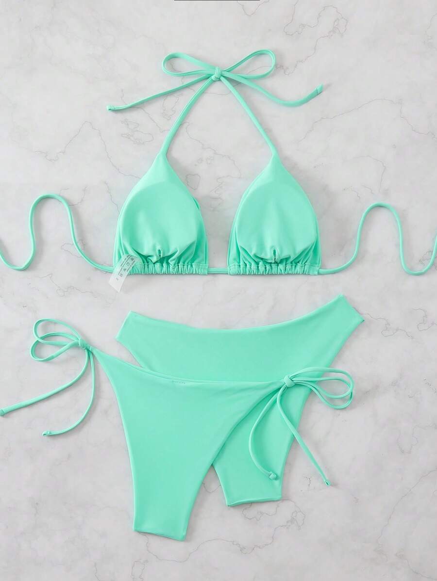 SHEIN Swim Kadın Yaz Plaj Düz Renk Halter Bağcıklı Seksi Bikini Mayo Takımı