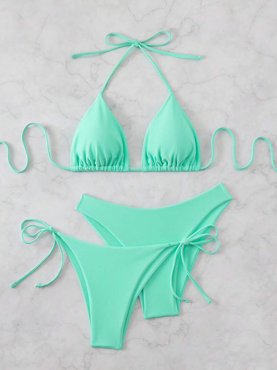 SHEIN Swim Kadın Yaz Plaj Düz Renk Halter Bağcıklı Seksi Bikini Mayo Takımı