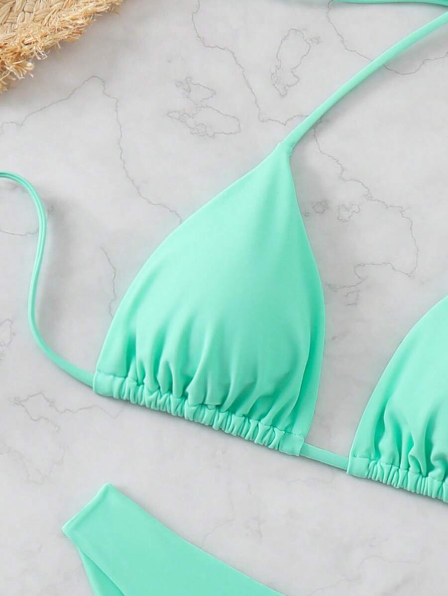 SHEIN Swim Kadın Yaz Plaj Düz Renk Halter Bağcıklı Seksi Bikini Mayo Takımı