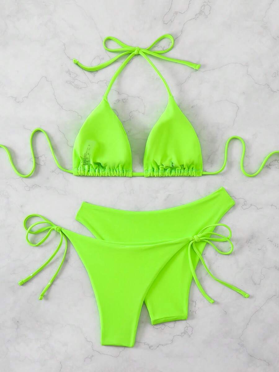 SHEIN Swim Kadın Yaz Plaj Düz Renk Halter Bağcıklı Seksi Bikini Mayo Takımı