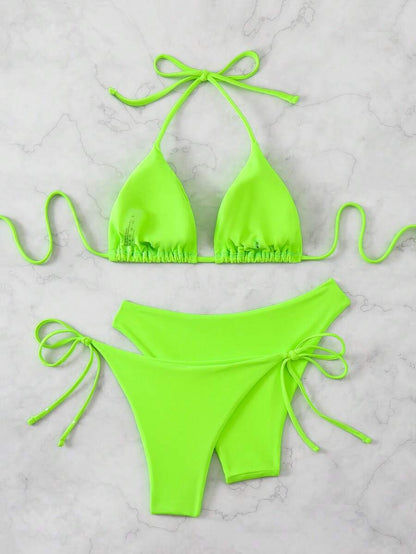 SHEIN Swim Kadın Yaz Plaj Düz Renk Halter Bağcıklı Seksi Bikini Mayo Takımı