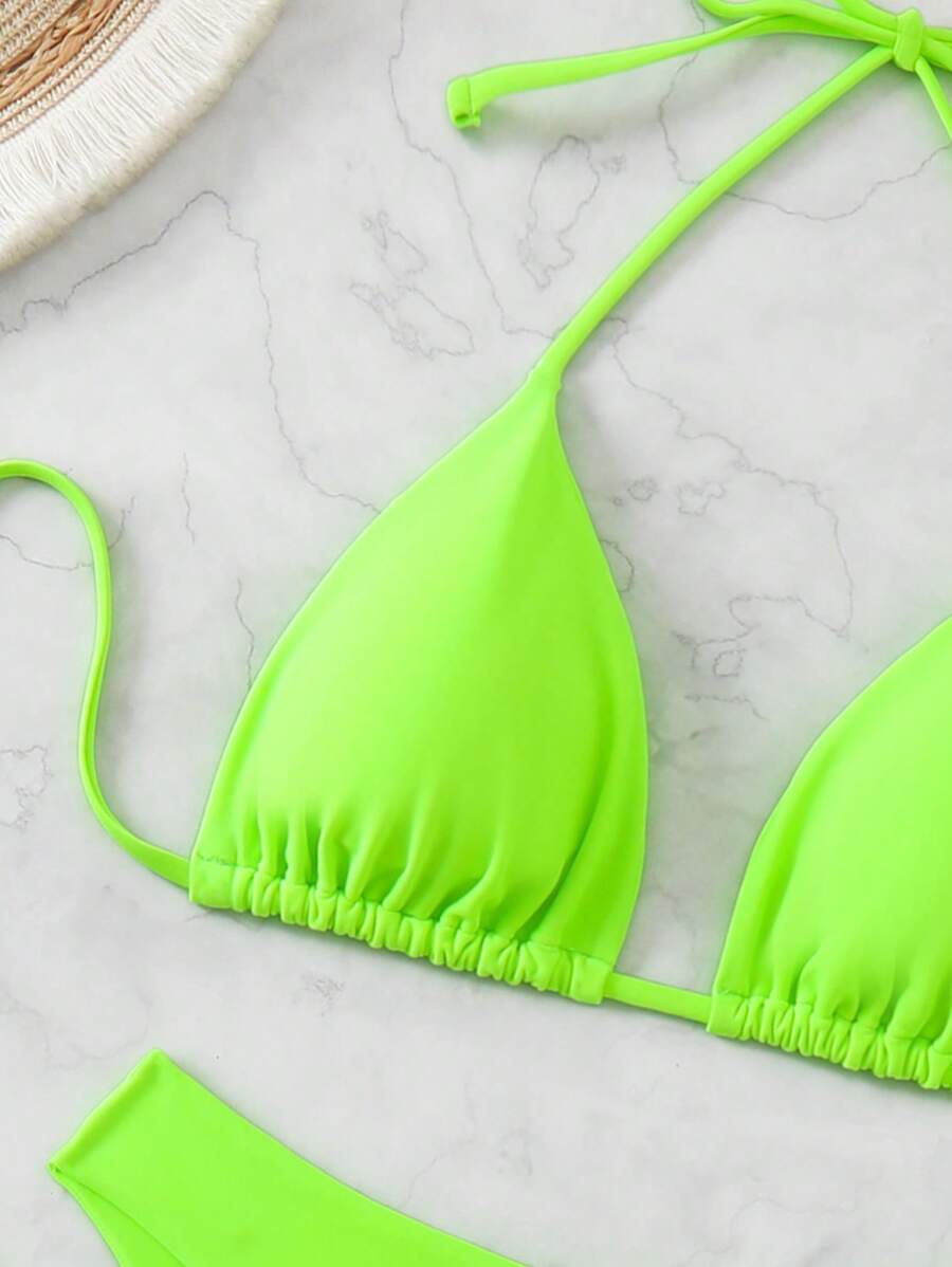 SHEIN Swim Kadın Yaz Plaj Düz Renk Halter Bağcıklı Seksi Bikini Mayo Takımı