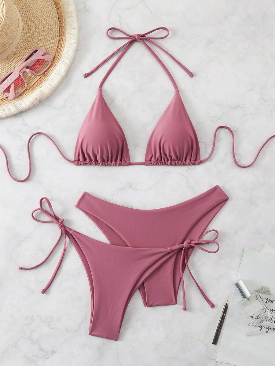 SHEIN Swim Kadın Yaz Plaj Düz Renk Halter Bağcıklı Seksi Bikini Mayo Takımı