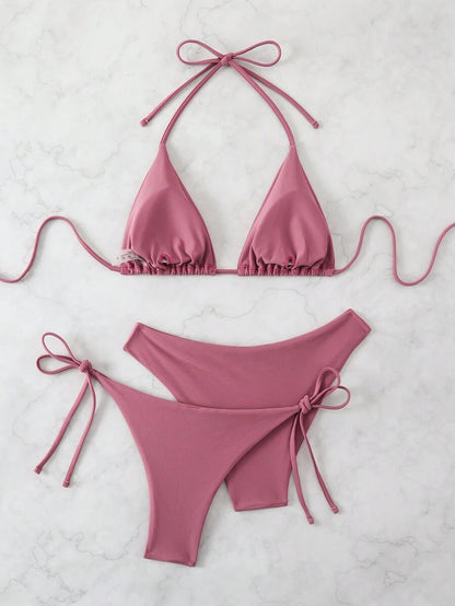 SHEIN Swim Kadın Yaz Plaj Düz Renk Halter Bağcıklı Seksi Bikini Mayo Takımı