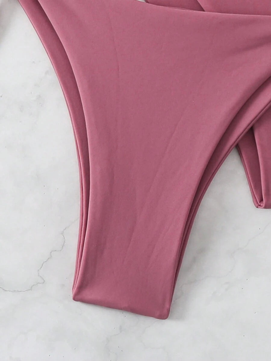 SHEIN Swim Kadın Yaz Plaj Düz Renk Halter Bağcıklı Seksi Bikini Mayo Takımı