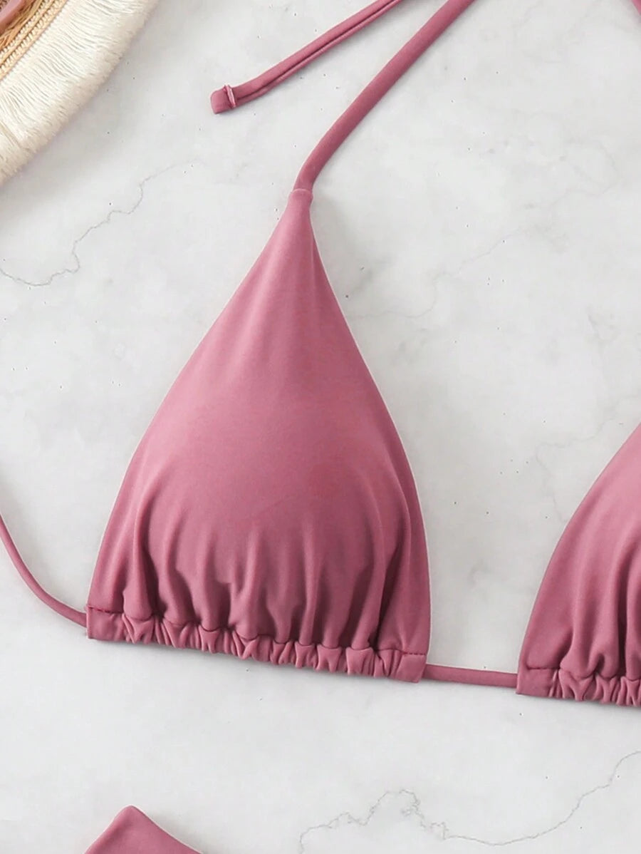 SHEIN Swim Kadın Yaz Plaj Düz Renk Halter Bağcıklı Seksi Bikini Mayo Takımı