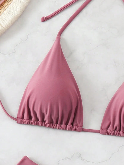 SHEIN Swim Kadın Yaz Plaj Düz Renk Halter Bağcıklı Seksi Bikini Mayo Takımı