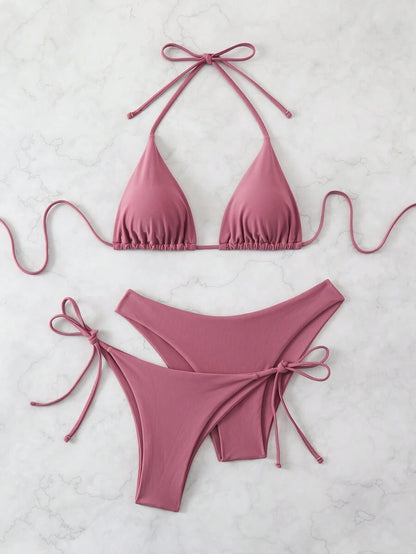 SHEIN Swim Kadın Yaz Plaj Düz Renk Halter Bağcıklı Seksi Bikini Mayo Takımı