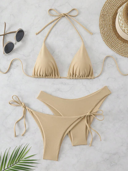 SHEIN Swim Kadın Yaz Plaj Düz Renk Halter Bağcıklı Seksi Bikini Mayo Takımı