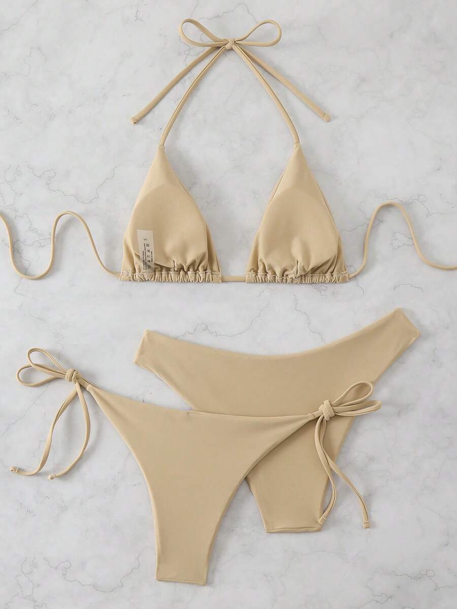 Plaj Düz Renk Halter Bağcıklı Üçgen Bikini Seti