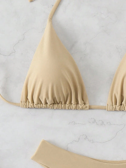 Plaj Düz Renk Halter Bağcıklı Üçgen Bikini Seti