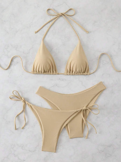 SHEIN Swim Kadın Yaz Plaj Düz Renk Halter Bağcıklı Seksi Bikini Mayo Takımı