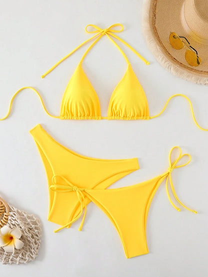SHEIN Swim Kadın Yaz Plaj Düz Renk Halter Bağcıklı Seksi Bikini Mayo Takımı