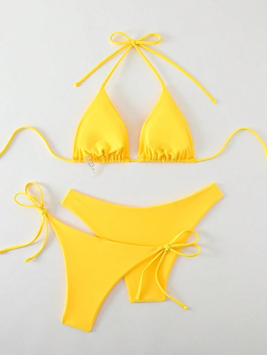 SHEIN Swim Kadın Yaz Plaj Düz Renk Halter Bağcıklı Seksi Bikini Mayo Takımı