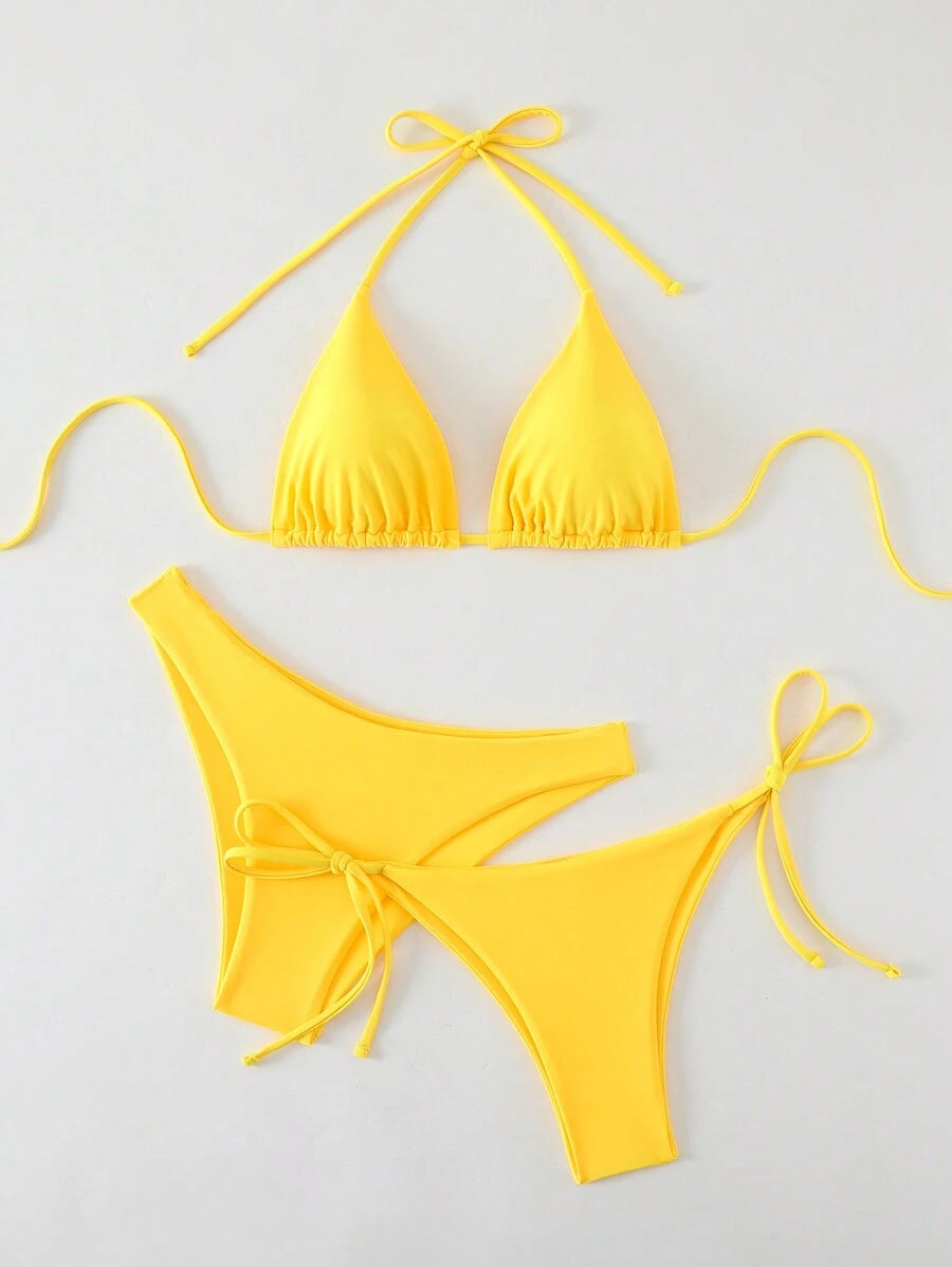 SHEIN Swim Kadın Yaz Plaj Düz Renk Halter Bağcıklı Seksi Bikini Mayo Takımı