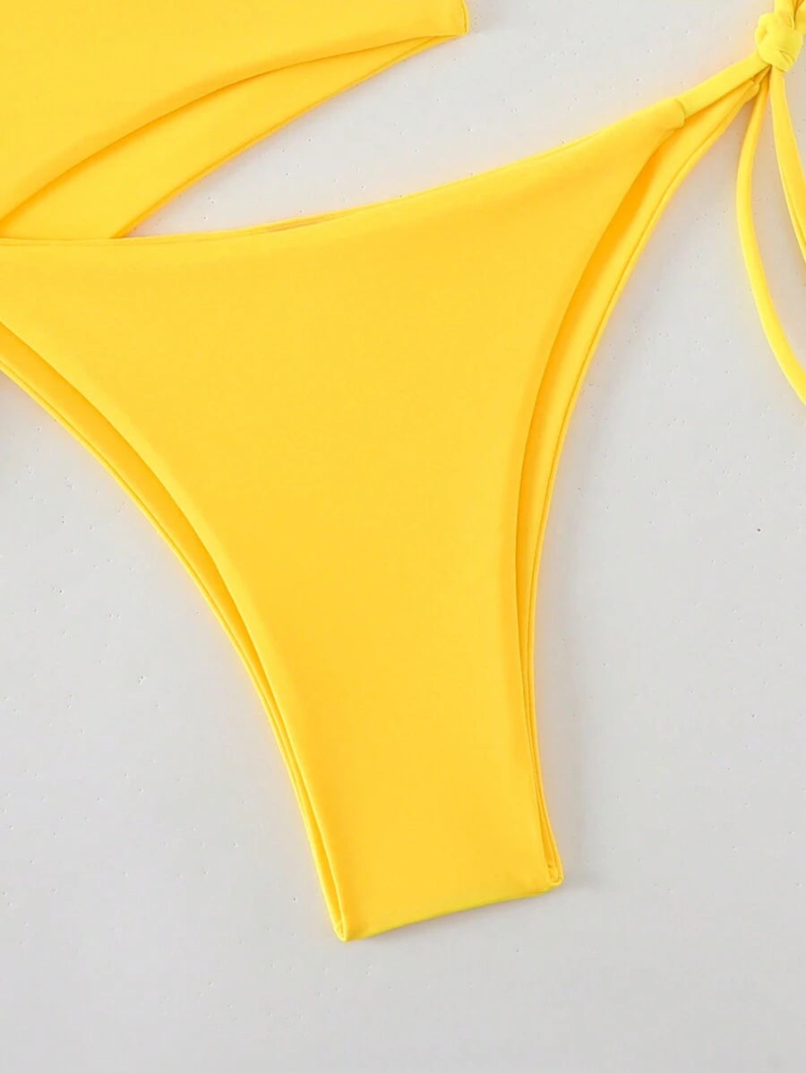 SHEIN Swim Kadın Yaz Plaj Düz Renk Halter Bağcıklı Seksi Bikini Mayo Takımı