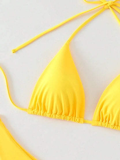 SHEIN Swim Kadın Yaz Plaj Düz Renk Halter Bağcıklı Seksi Bikini Mayo Takımı