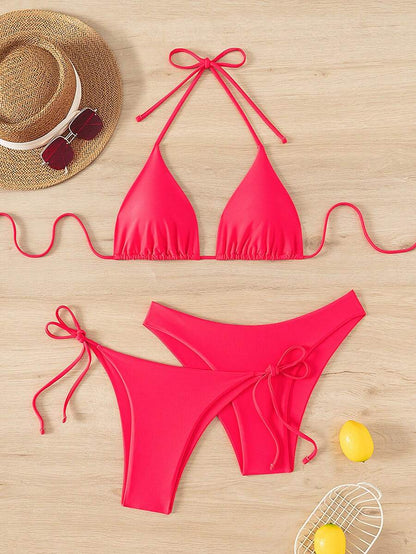 SHEIN Swim Kadın Yaz Plaj Düz Renk Halter Bağcıklı Seksi Bikini Mayo Takımı