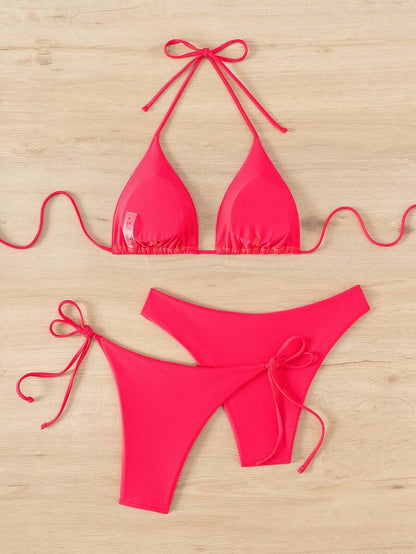 SHEIN Swim Kadın Yaz Plaj Düz Renk Halter Bağcıklı Seksi Bikini Mayo Takımı