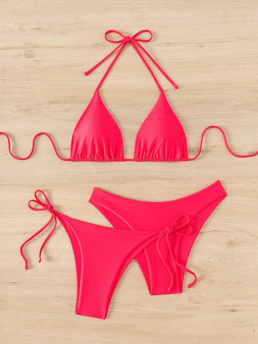 SHEIN Swim Kadın Yaz Plaj Düz Renk Halter Bağcıklı Seksi Bikini Mayo Takımı