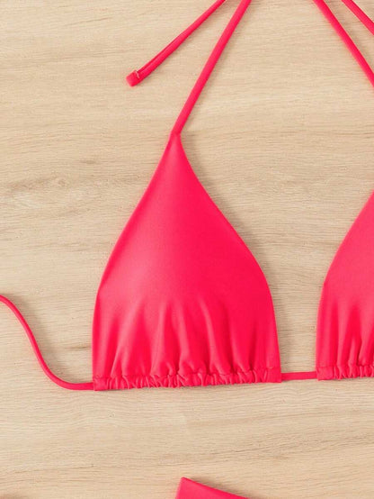 SHEIN Swim Kadın Yaz Plaj Düz Renk Halter Bağcıklı Seksi Bikini Mayo Takımı