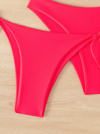 SHEIN Swim Kadın Yaz Plaj Düz Renk Halter Bağcıklı Seksi Bikini Mayo Takımı