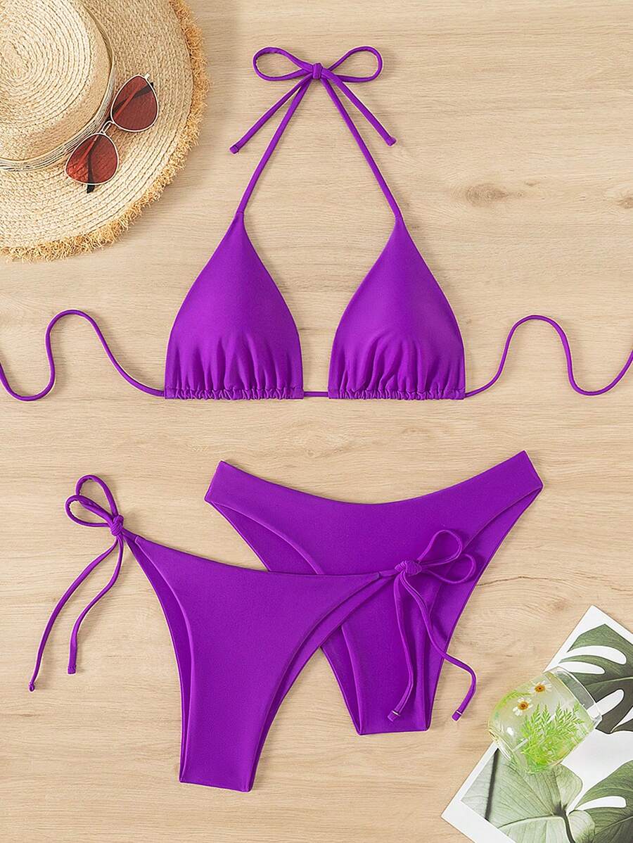 SHEIN Swim Kadın Yaz Plaj Düz Renk Halter Bağcıklı Seksi Bikini Mayo Takımı