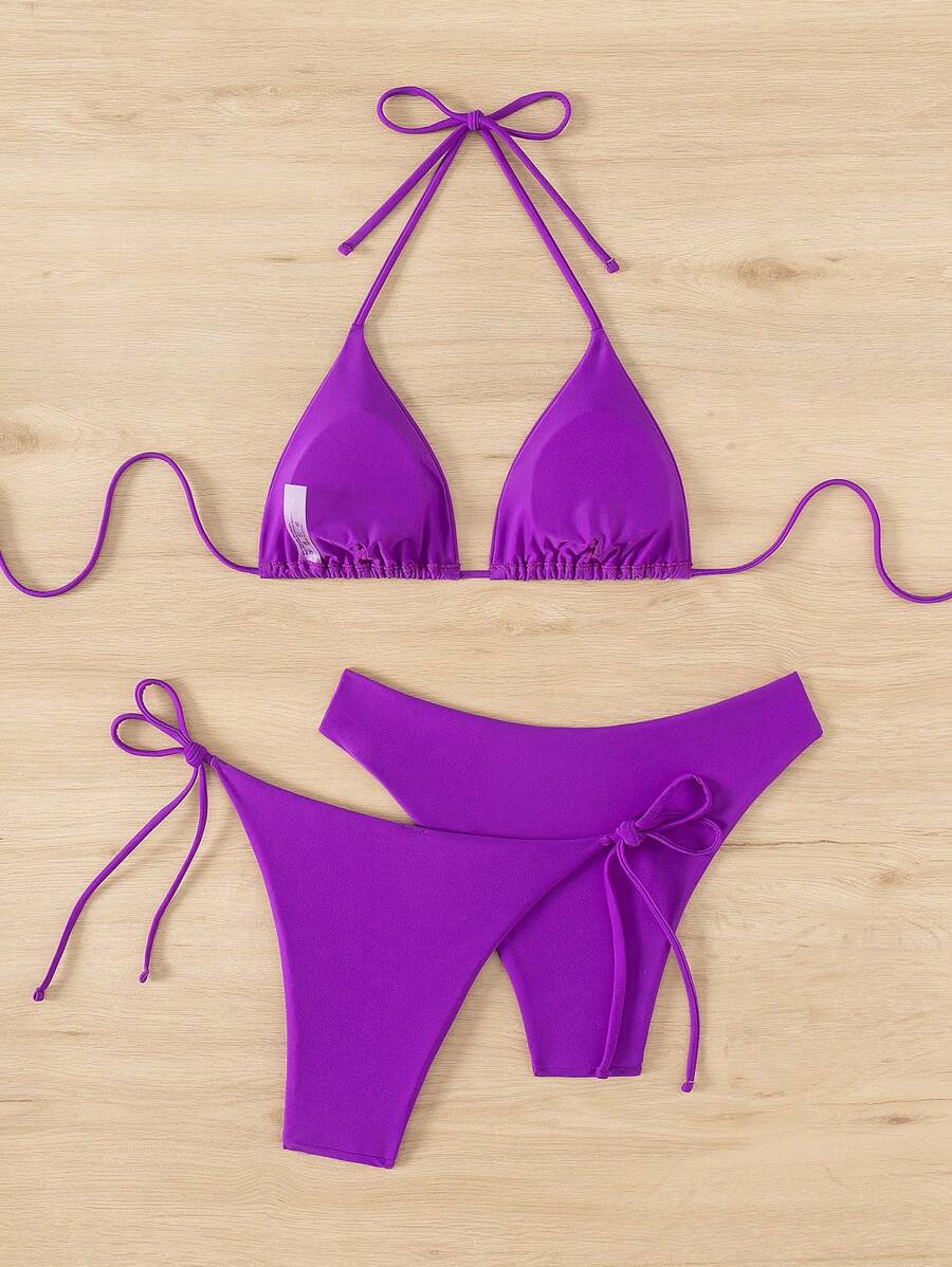 SHEIN Swim Kadın Yaz Plaj Düz Renk Halter Bağcıklı Seksi Bikini Mayo Takımı