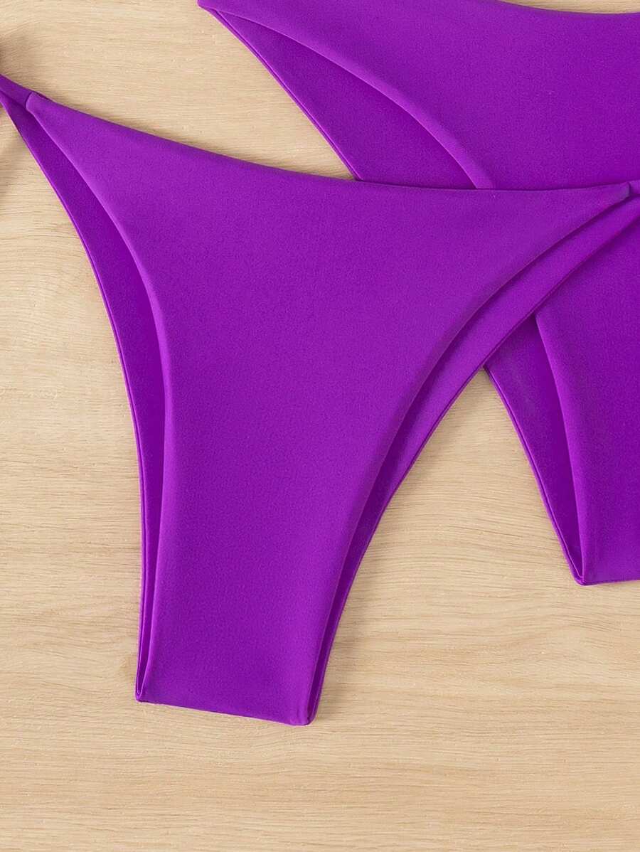 SHEIN Swim Kadın Yaz Plaj Düz Renk Halter Bağcıklı Seksi Bikini Mayo Takımı