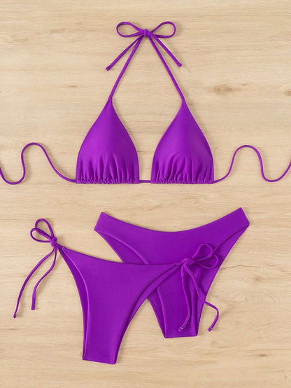 SHEIN Swim Kadın Yaz Plaj Düz Renk Halter Bağcıklı Seksi Bikini Mayo Takımı