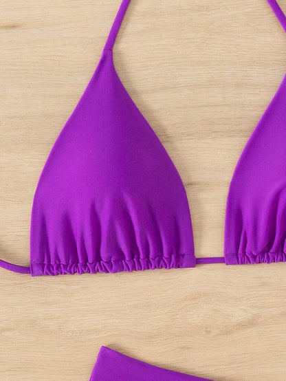 SHEIN Swim Kadın Yaz Plaj Düz Renk Halter Bağcıklı Seksi Bikini Mayo Takımı