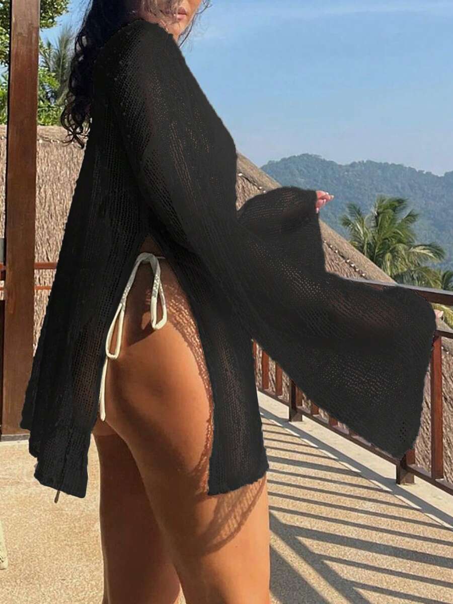 Transparan Zarif Uzun Kollu Beachwear Plaj Elbisesi