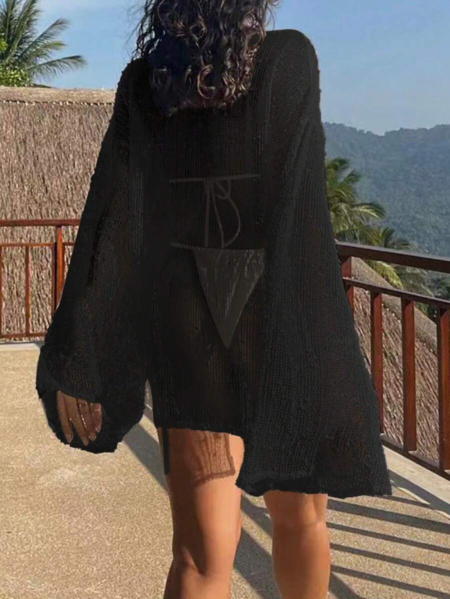 Transparan Zarif Uzun Kollu Beachwear Plaj Elbisesi