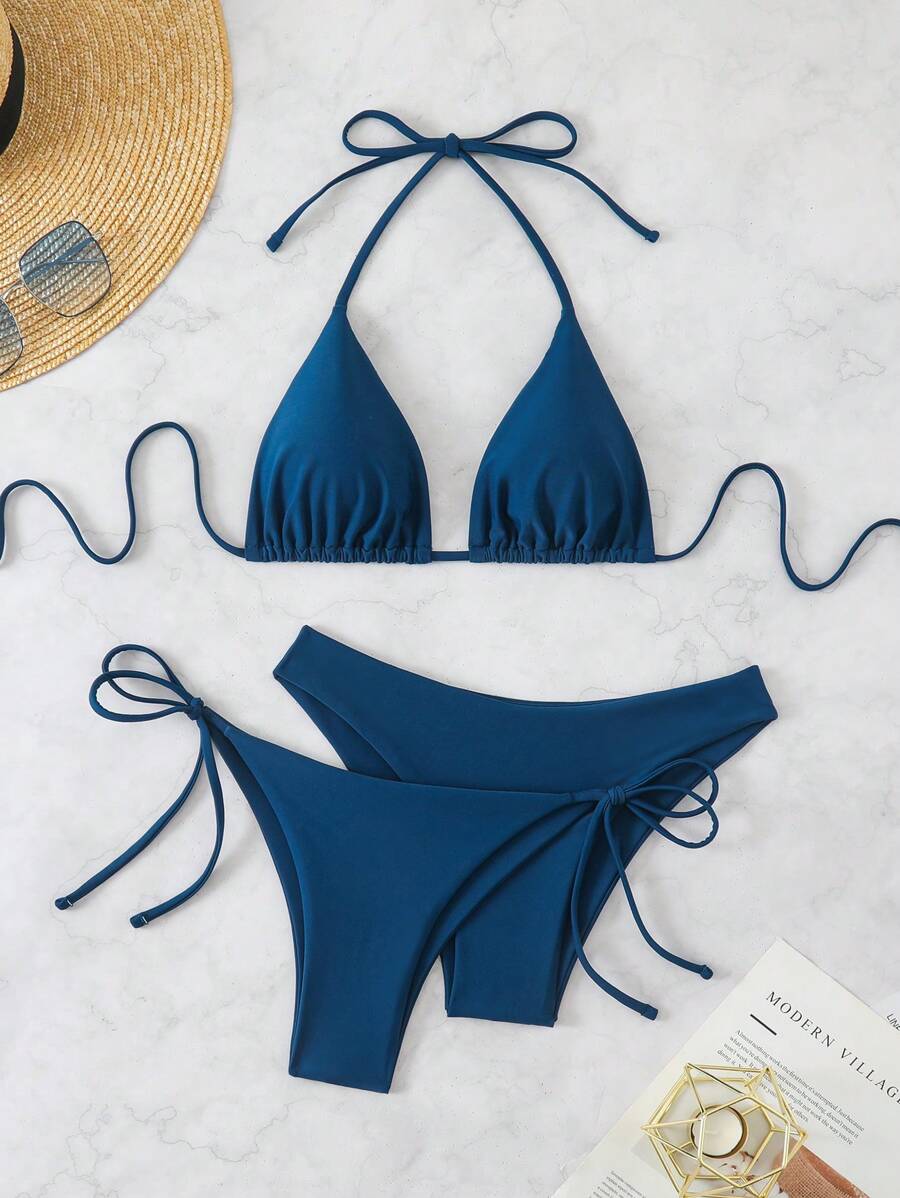 Plaj Düz Renk Halter Bağcıklı Üçgen Bikini Seti