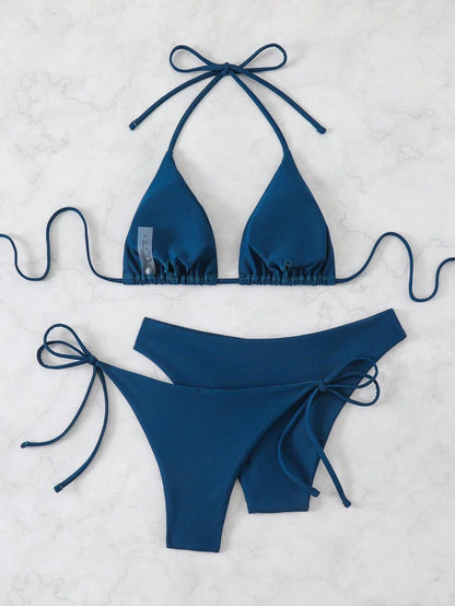 SHEIN Swim Kadın Yaz Plaj Düz Renk Halter Bağcıklı Seksi Bikini Mayo Takımı