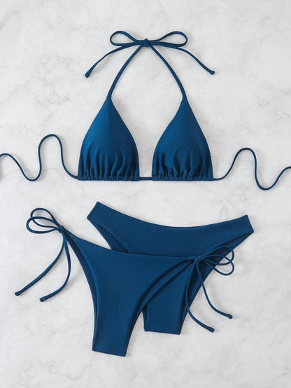 SHEIN Swim Kadın Yaz Plaj Düz Renk Halter Bağcıklı Seksi Bikini Mayo Takımı