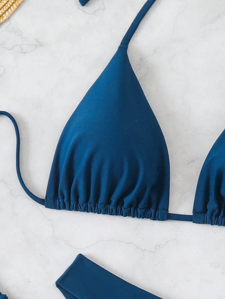 SHEIN Swim Kadın Yaz Plaj Düz Renk Halter Bağcıklı Seksi Bikini Mayo Takımı