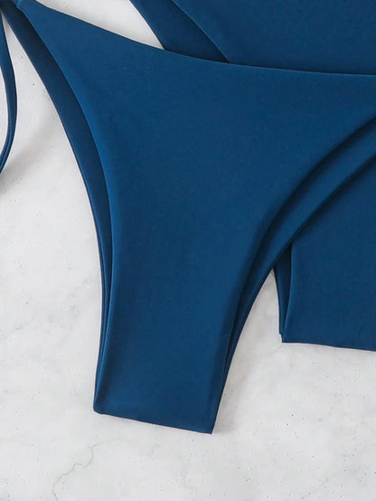 SHEIN Swim Kadın Yaz Plaj Düz Renk Halter Bağcıklı Seksi Bikini Mayo Takımı