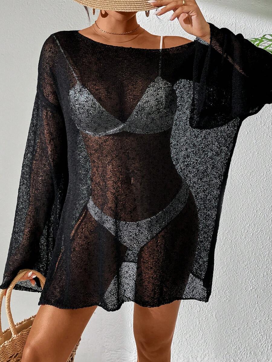 Transparan Zarif Uzun Kollu Beachwear Plaj Elbisesi