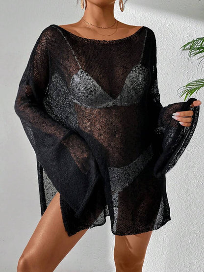 Transparan Zarif Uzun Kollu Beachwear Plaj Elbisesi