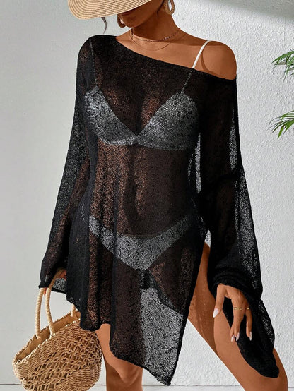 Transparan Zarif Uzun Kollu Beachwear Plaj Elbisesi