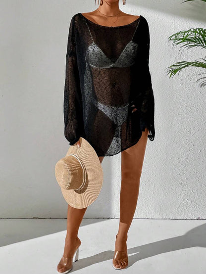 Transparan Zarif Uzun Kollu Beachwear Plaj Elbisesi