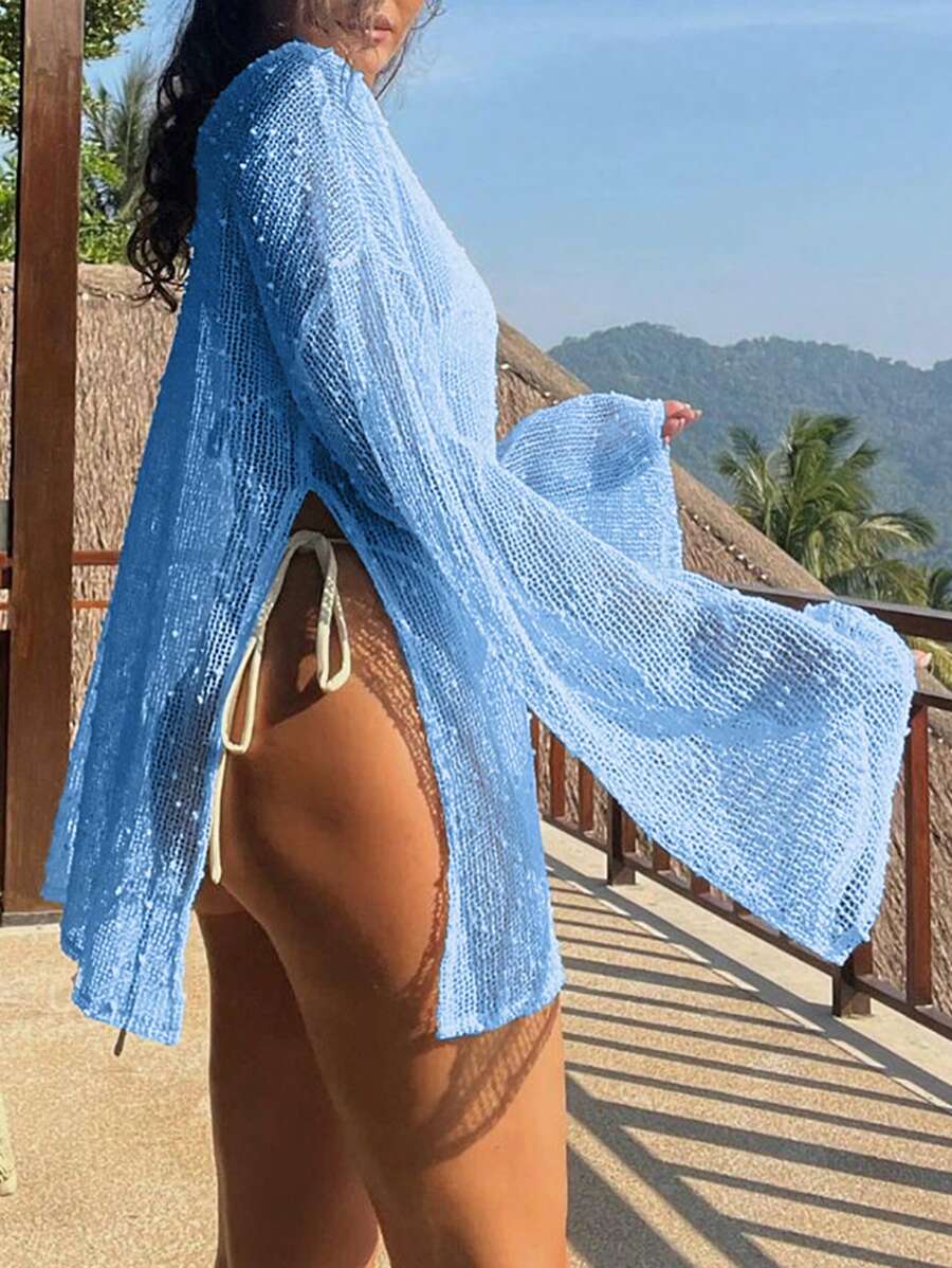 Transparan Zarif Uzun Kollu Beachwear Plaj Elbisesi