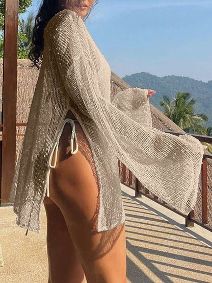 Transparan Zarif Uzun Kollu Beachwear Plaj Elbisesi