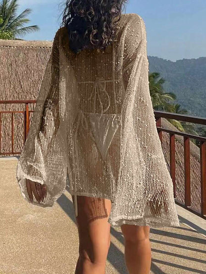 Transparan Zarif Uzun Kollu Beachwear Plaj Elbisesi