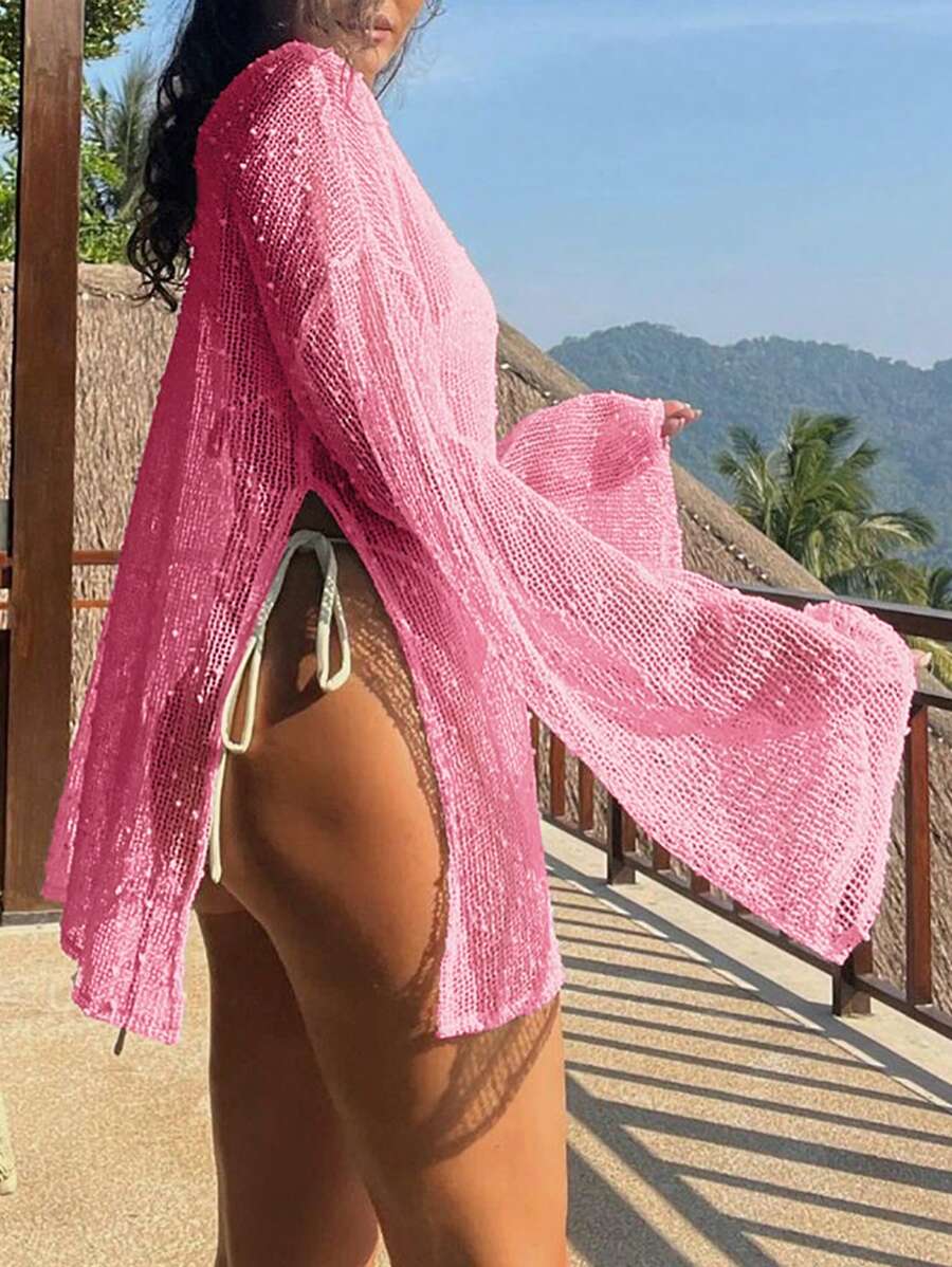 Transparan Zarif Uzun Kollu Beachwear Plaj Elbisesi